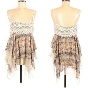Hazel Boho Lace Crochet Spaghetti Strap Flowy Tiered Sharkbite Tunic Top Sz L